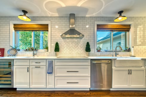 White tile backsplash and countertops in Reston Kitchen